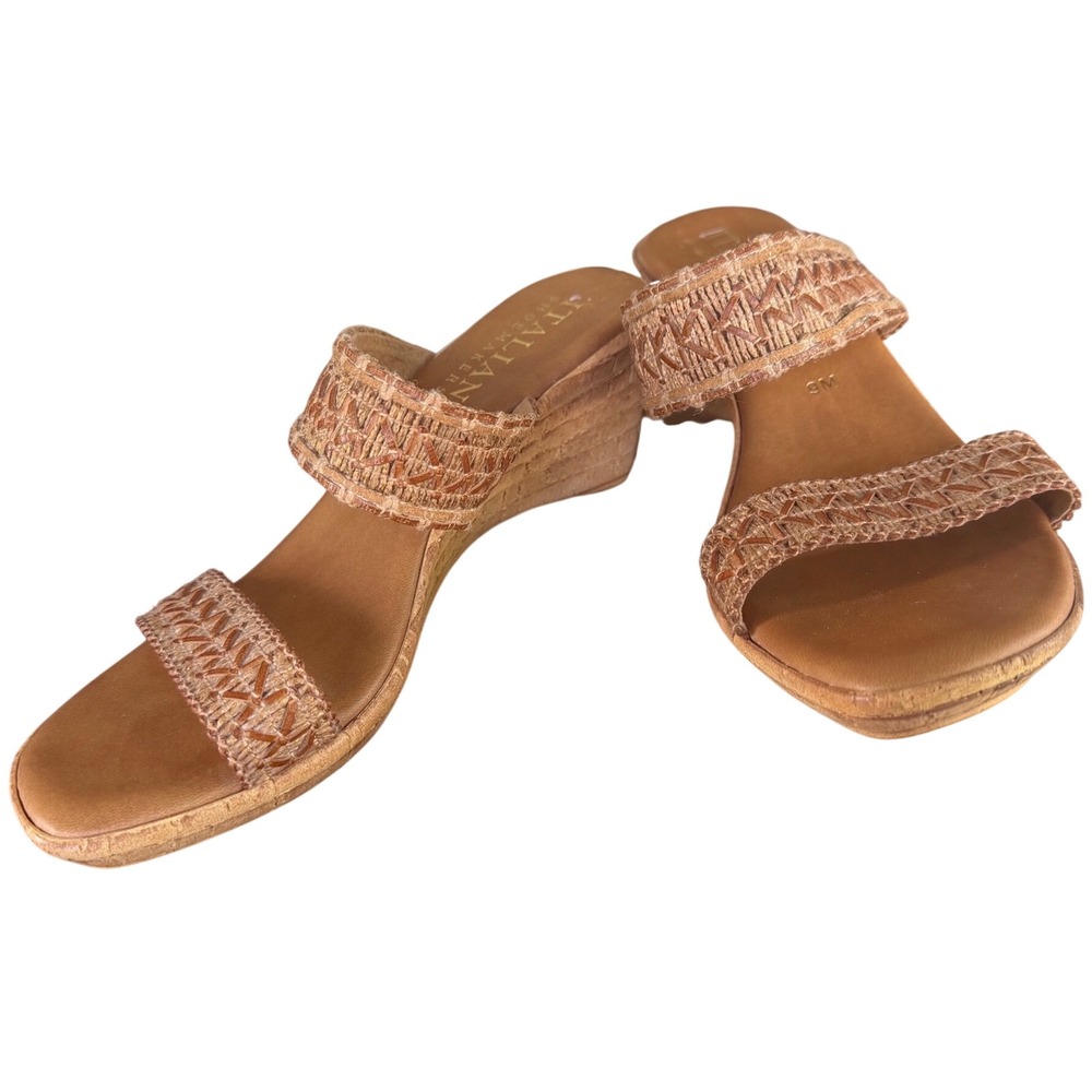 Italian Shoemakers Womens Tan Woven Dual Strap Wedge Slide Sandals Size 9M Italy